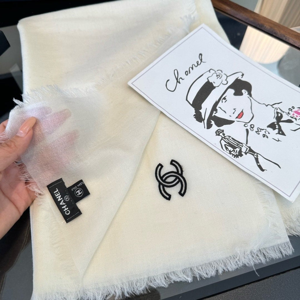 Chanel Ivory Fringed Cashmere Scarf