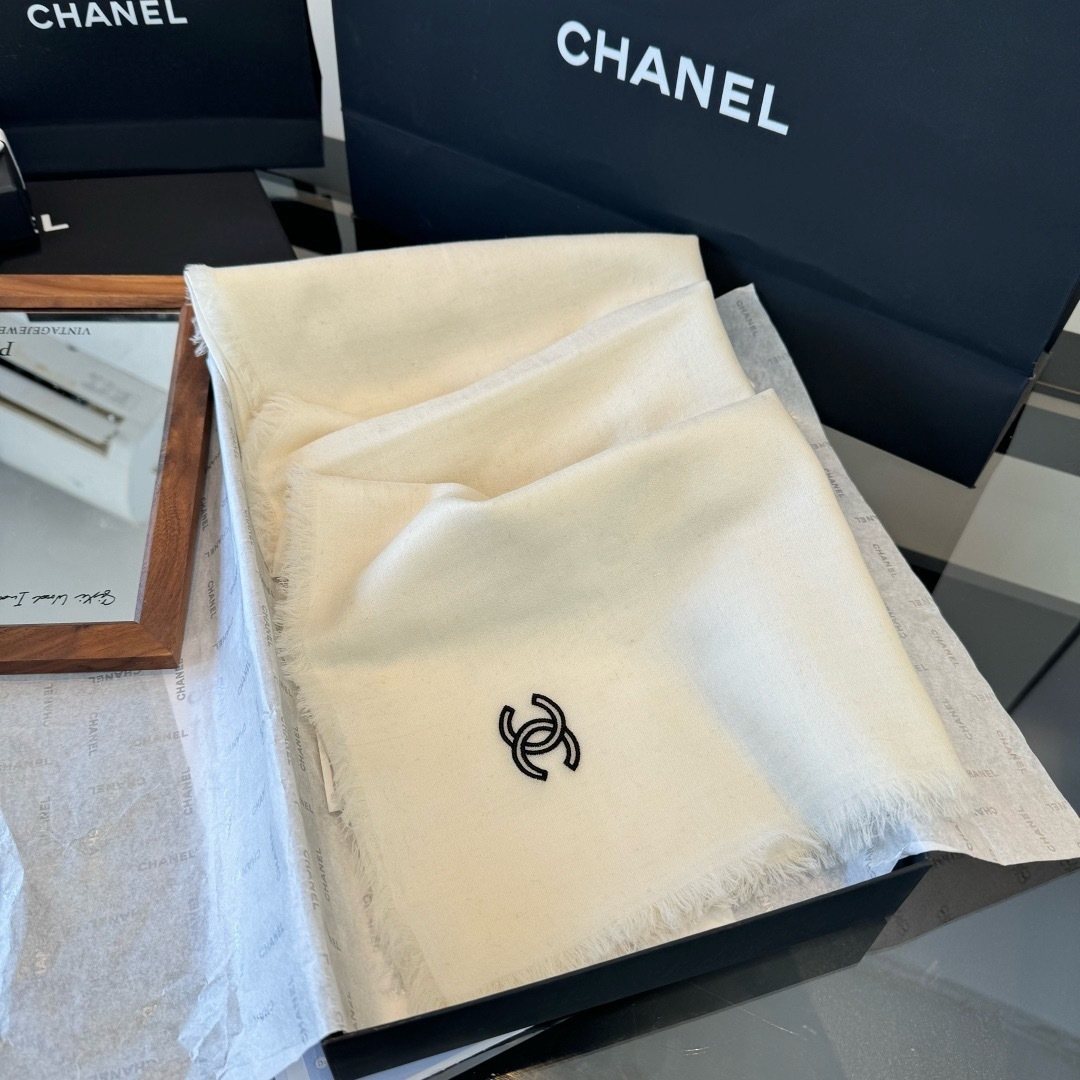 Chanel Ivory Fringed Cashmere Scarf