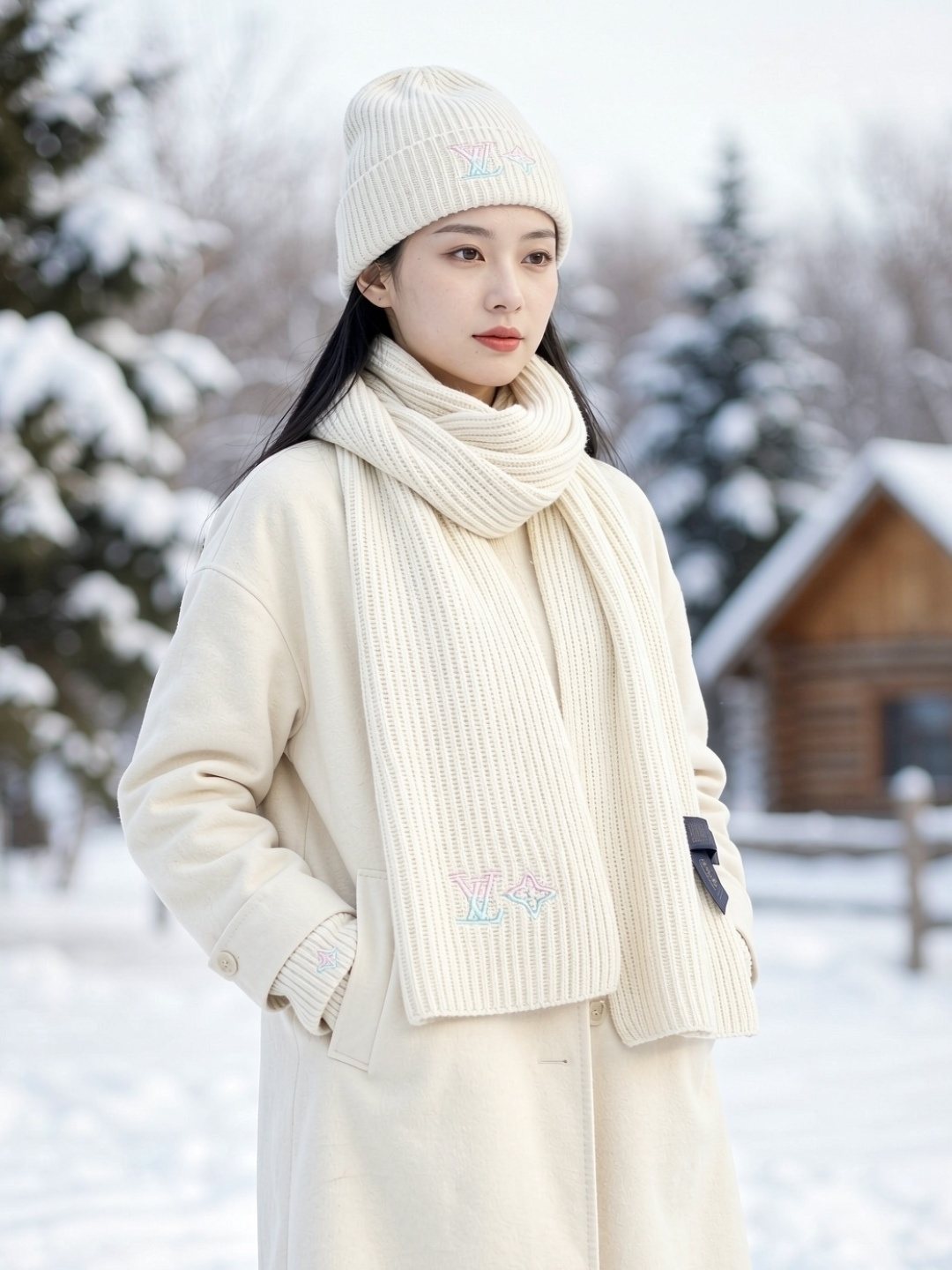 Louis Vuitton Cream Rib-Knit Scarf and Beanie Set