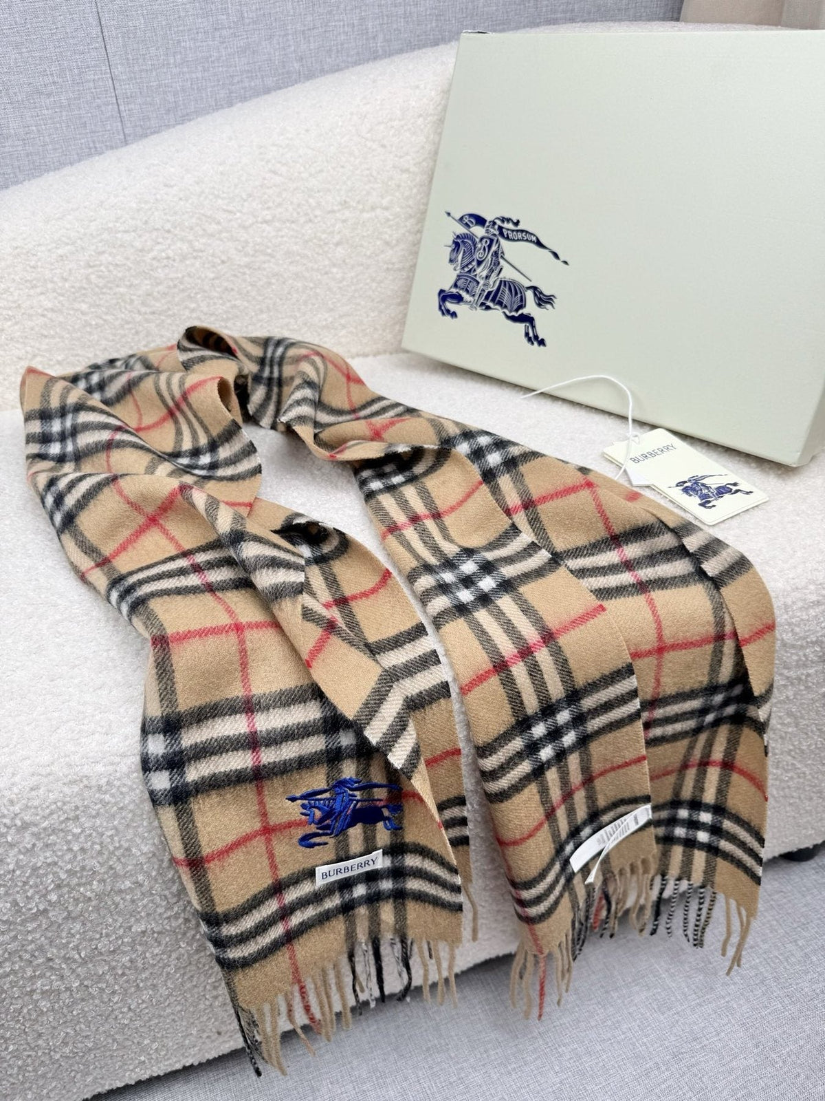 Burberry Beige Plaid Cashmere-Wool Scarf