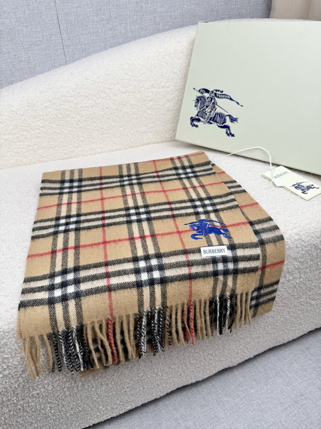 Burberry Beige Plaid Cashmere-Wool Scarf