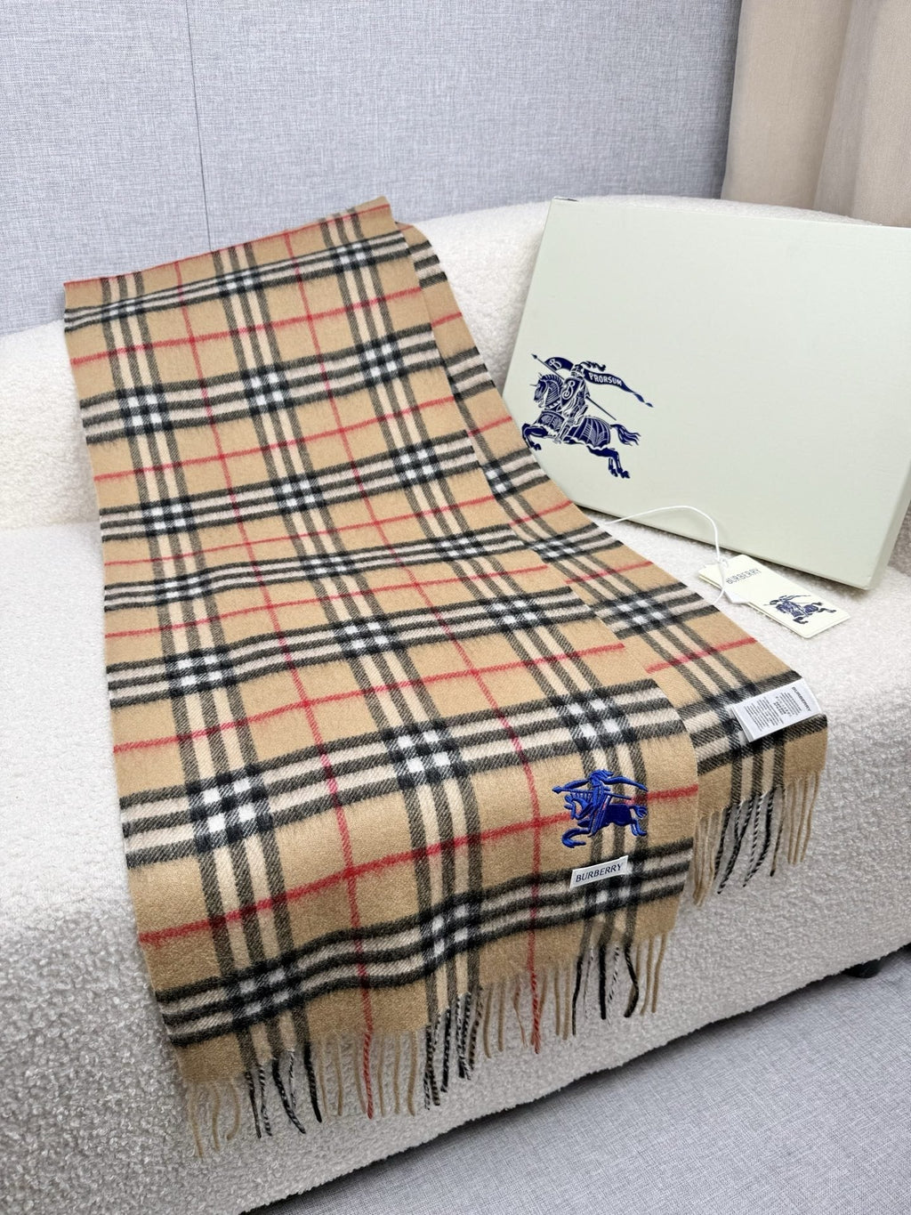 Burberry Beige Plaid Cashmere-Wool Scarf