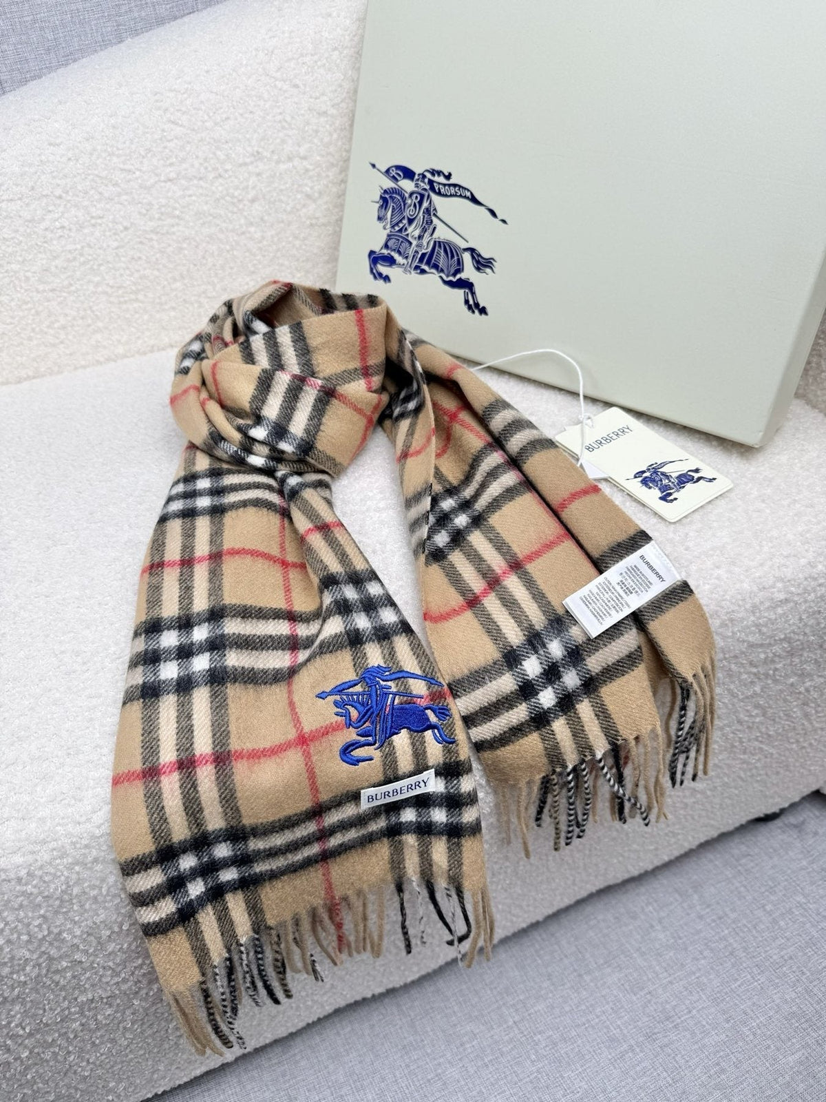 Burberry Beige Plaid Cashmere-Wool Scarf