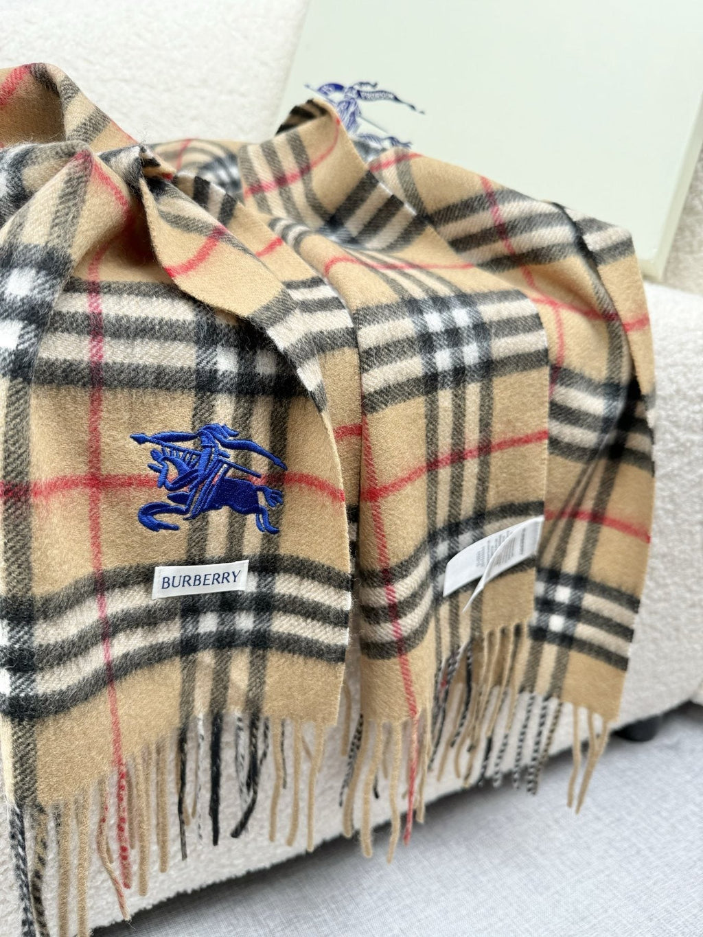 Burberry Beige Plaid Cashmere-Wool Scarf