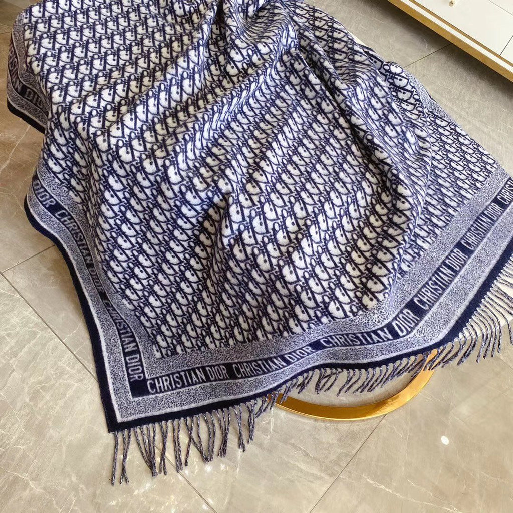 Dior Navy Blue & Ivory Fringed Scarf