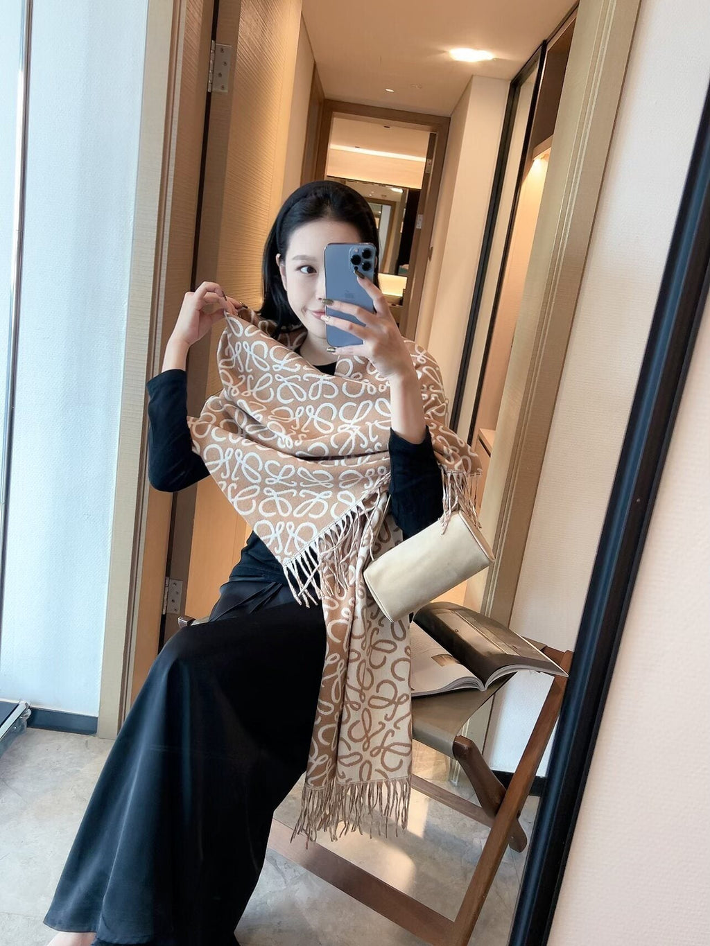 Loewe Khaki Brown Jacquard Fringed Scarf