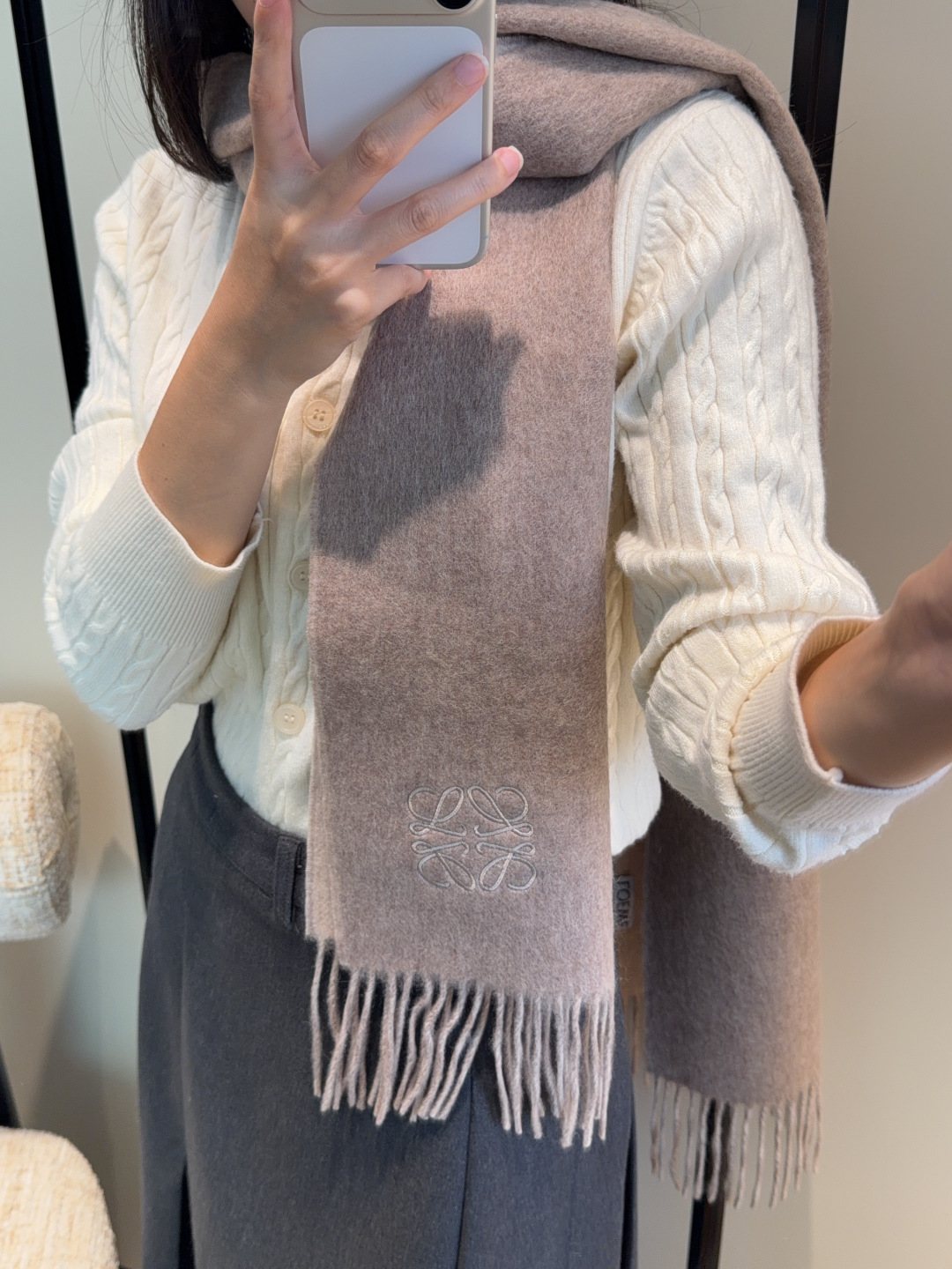 Loewe Taupe Gray and Light Beige Fringed Scarf