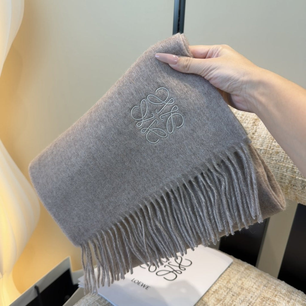 Loewe Taupe Gray and Light Beige Fringed Scarf