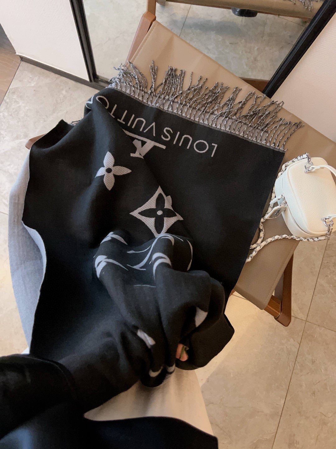 Louis Vuitton Black & Gray Floral Fringe Scarf Shawl