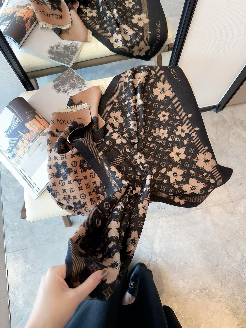 Louis Vuitton Black Floral and Monogram Fringe Scarf