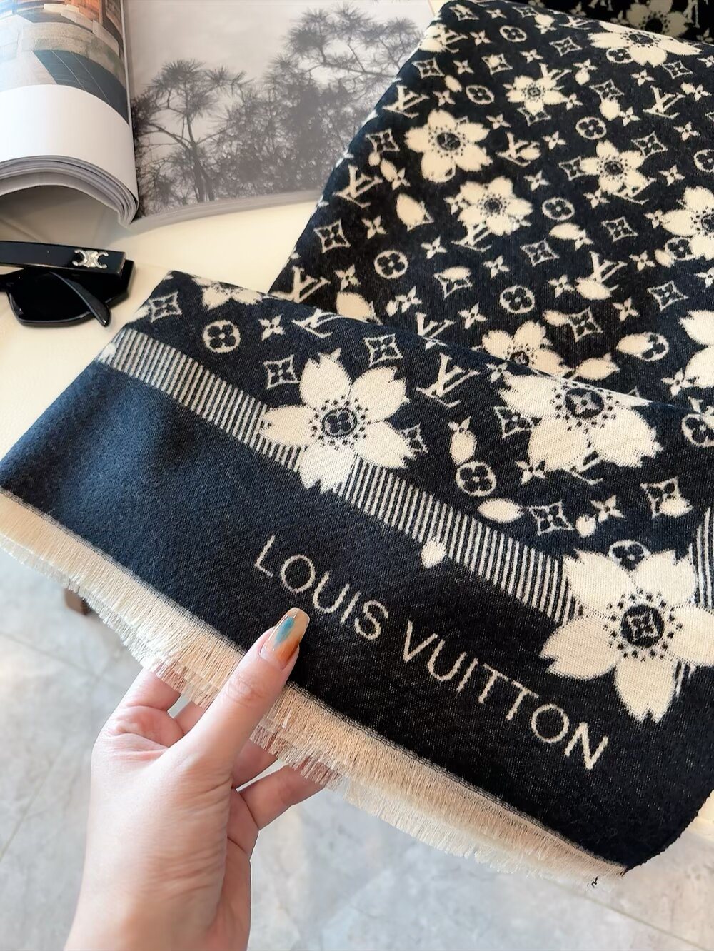 Louis Vuitton Black Floral and Monogram Fringe Scarf