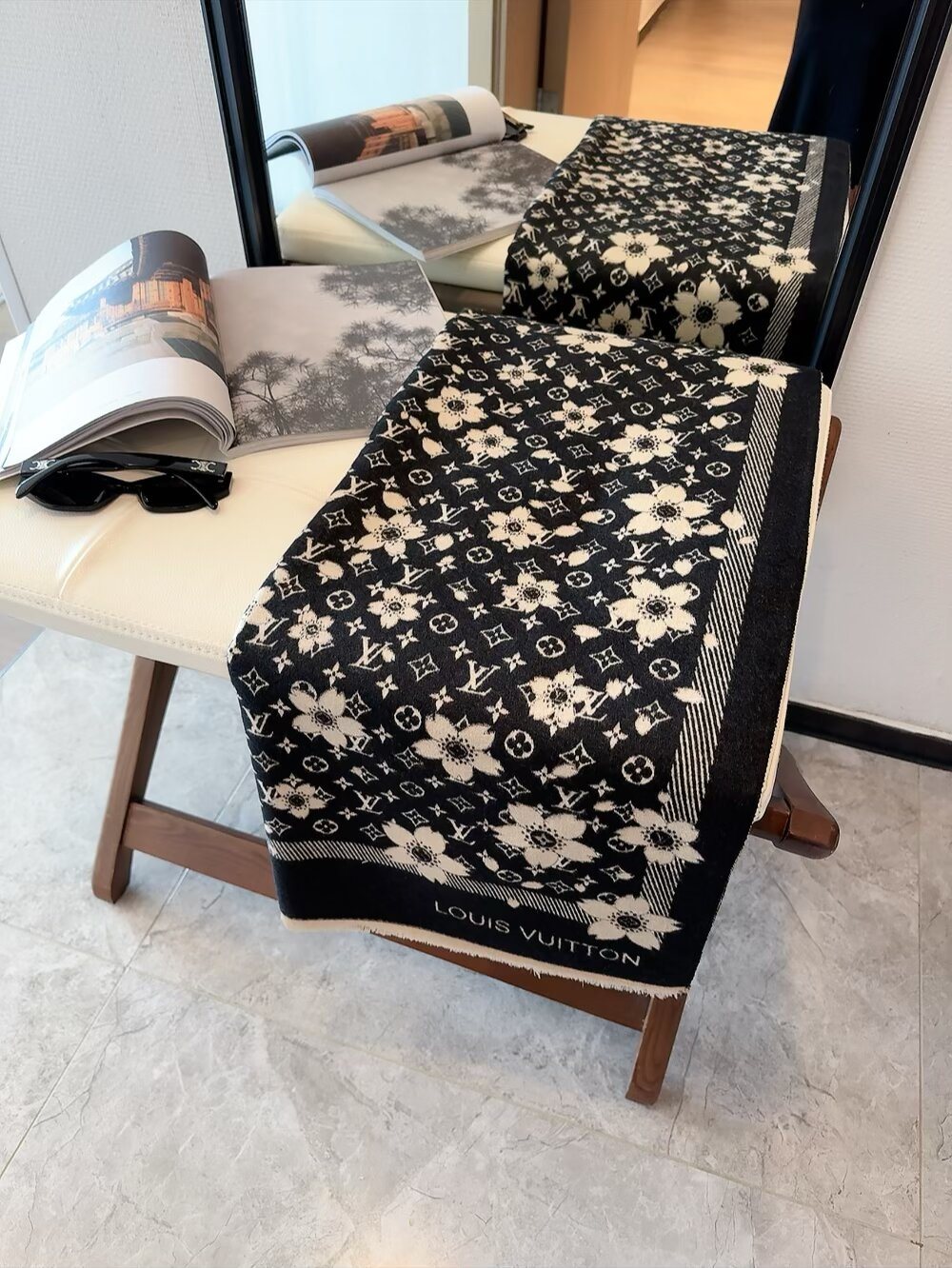 Louis Vuitton Black Floral and Monogram Fringe Scarf