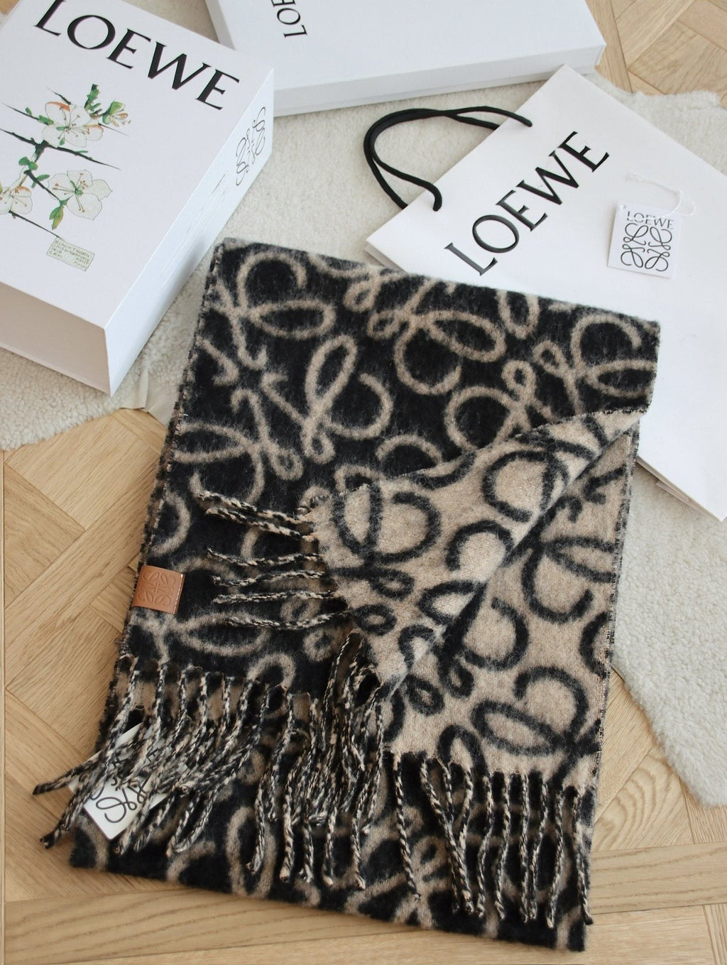 Loewe Beige and Black Patterned Fringe Scarf