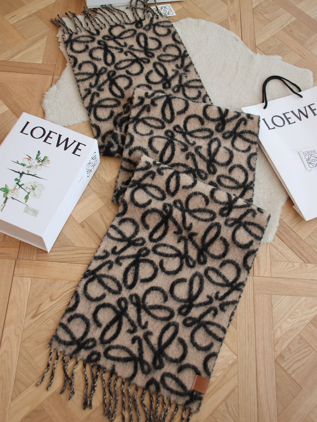 Loewe Beige and Black Patterned Fringe Scarf