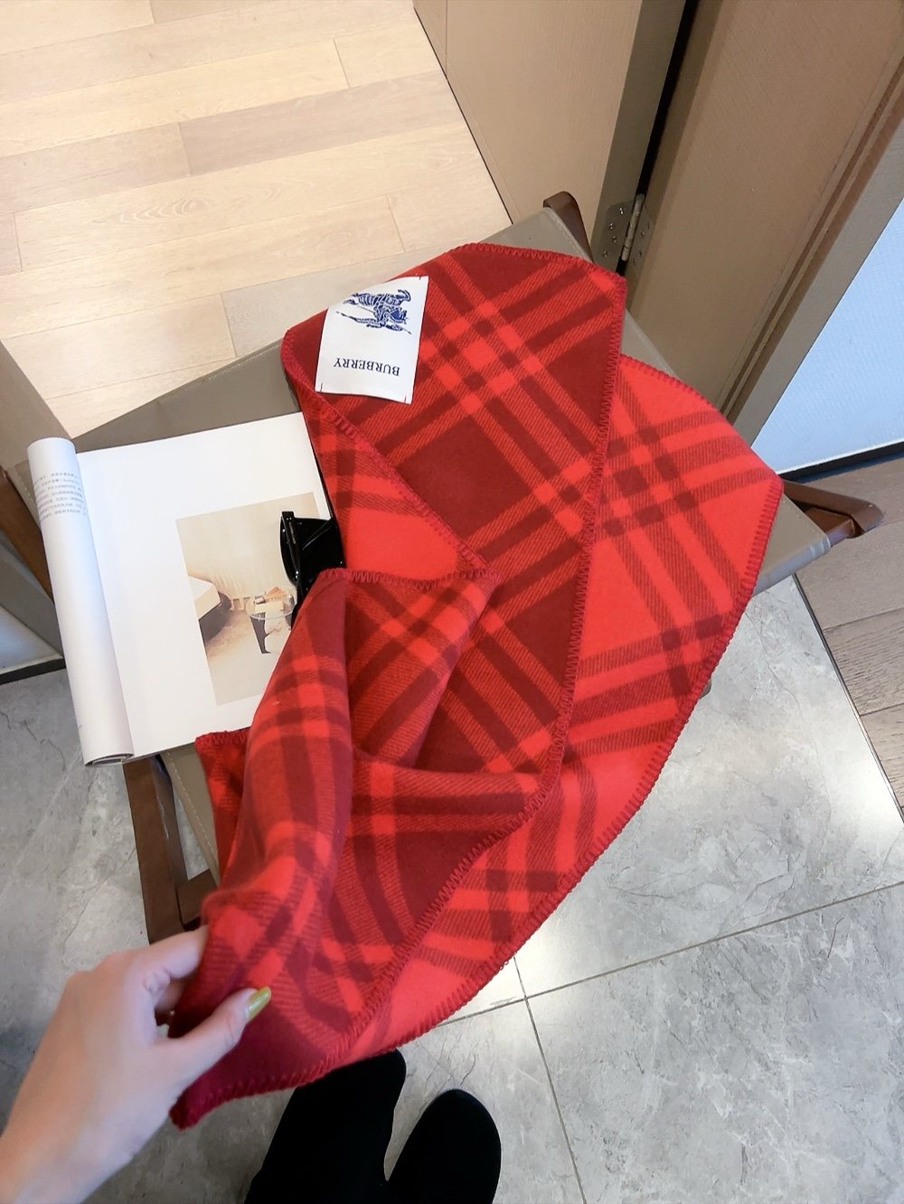 Burberry Red Check Hooded Scarf Shawl