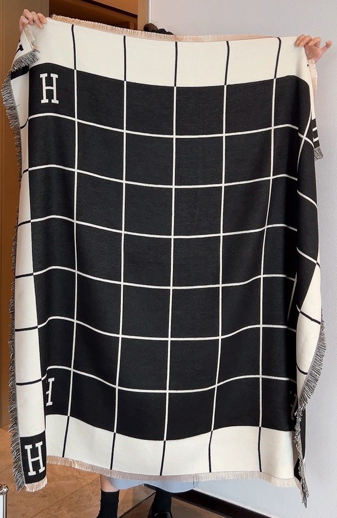 Hermès Black & Ivory Grid Square Scarf
