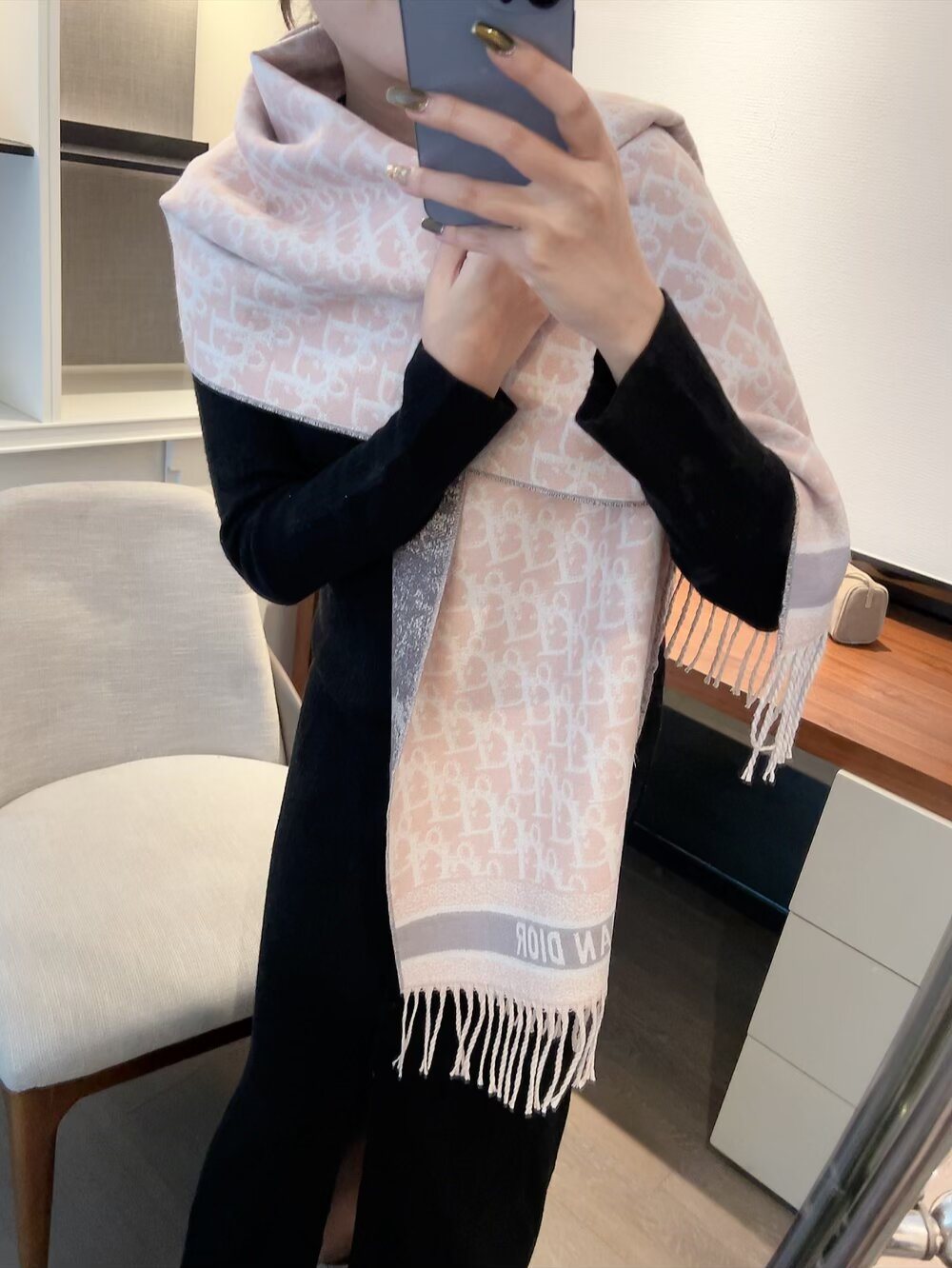 Dior Woven Monogram Fringe Scarf with Contrast Border
