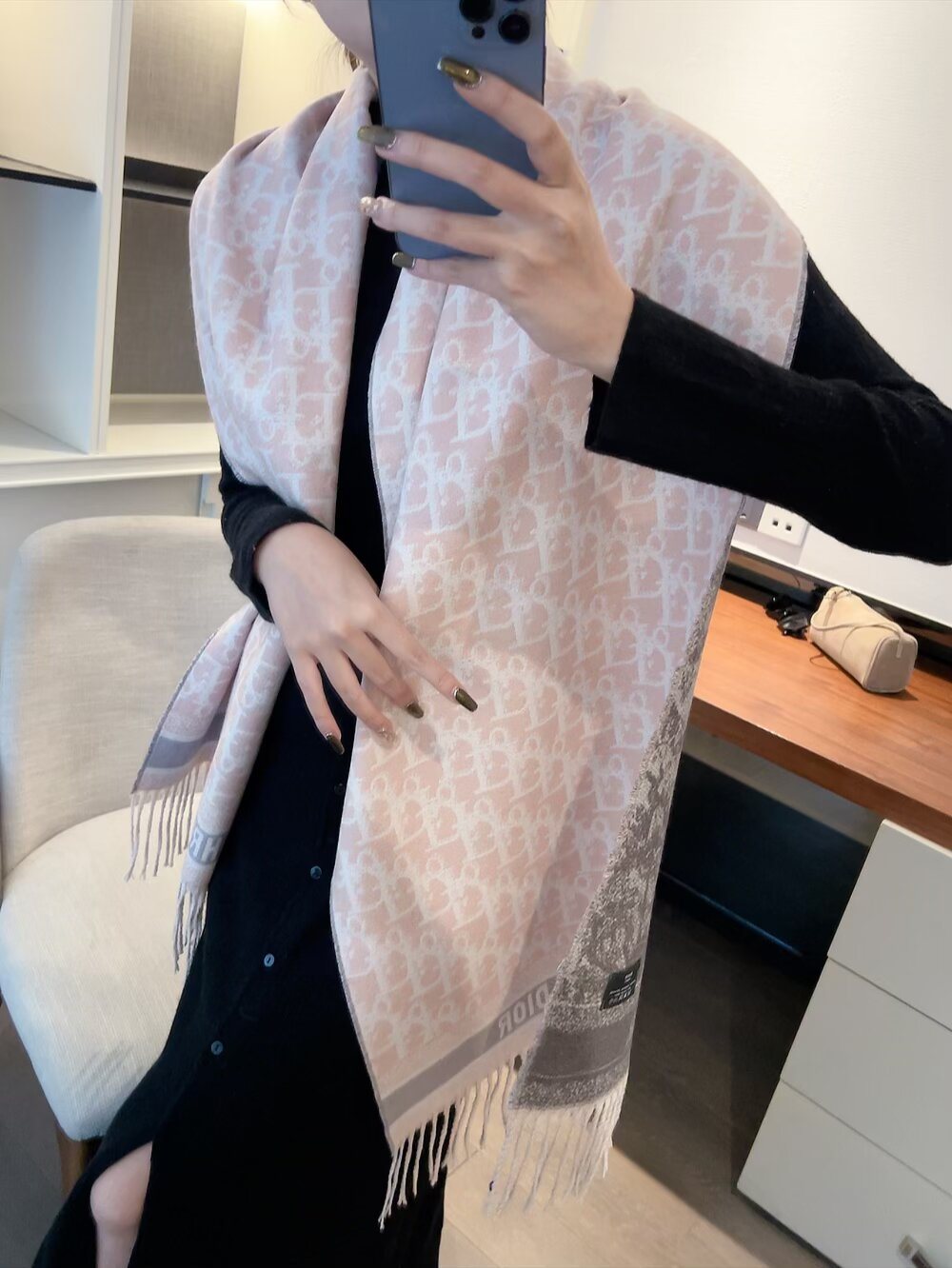 Dior Woven Monogram Fringe Scarf with Contrast Border