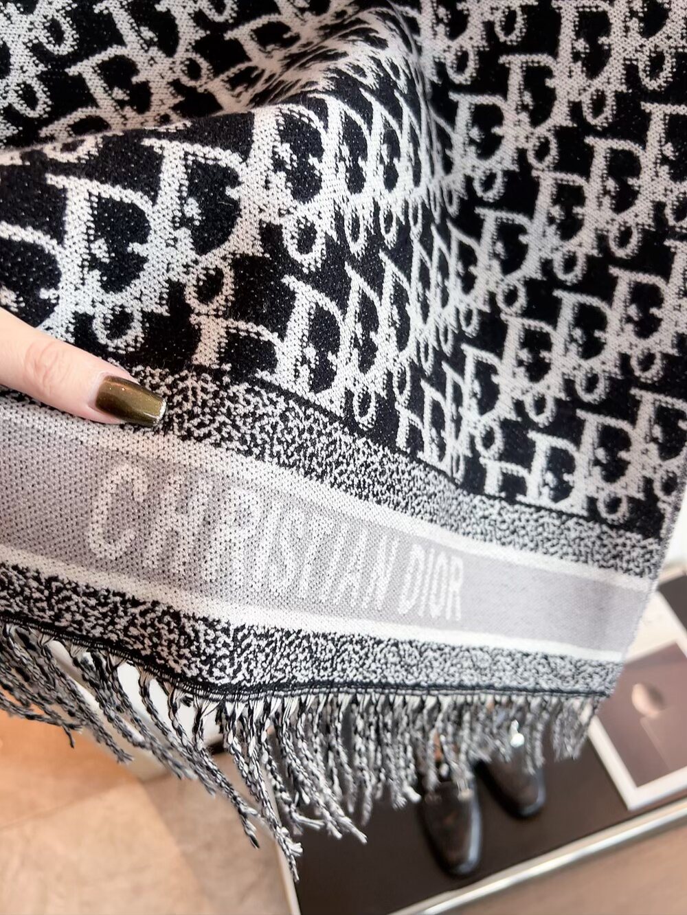 Dior Woven Monogram Fringe Scarf with Contrast Border