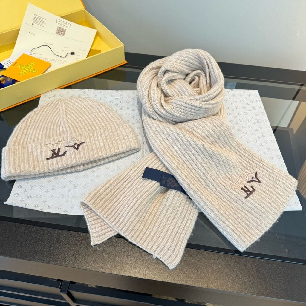 Louis Vuitton Cream Beige Beanie & Scarf Set