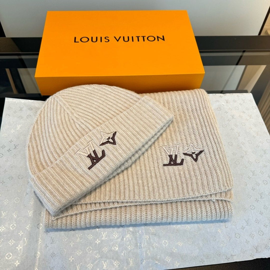Louis Vuitton Cream Beige Beanie & Scarf Set
