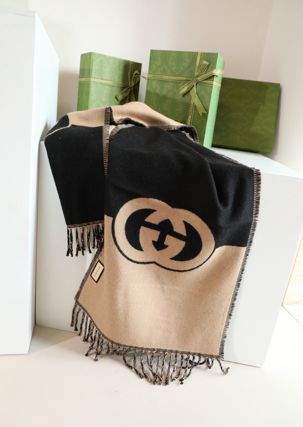 Gucci Black & Camel Beige Fringed Scarf