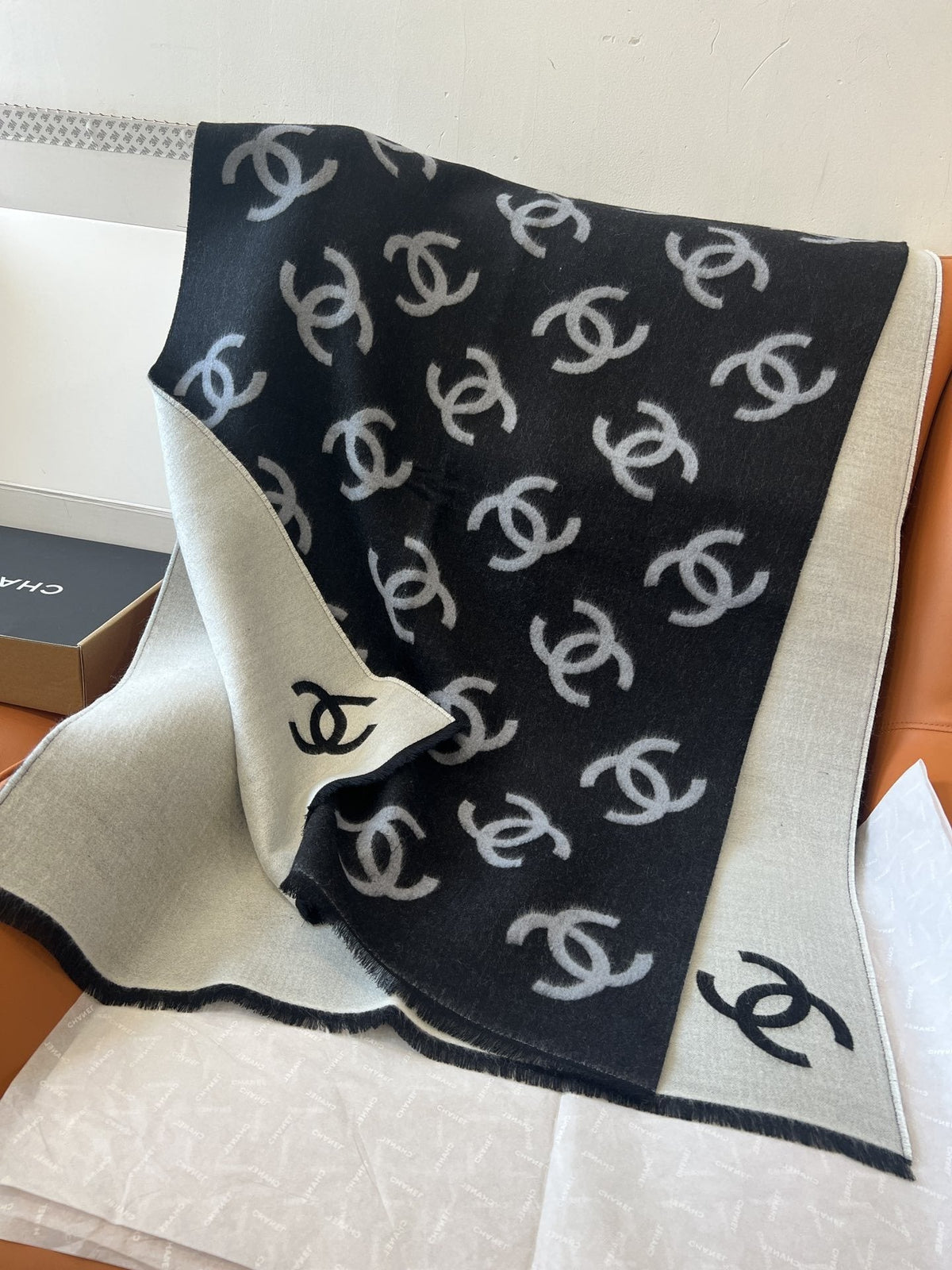 Chanel Reversible Black and Ivory Scarf
