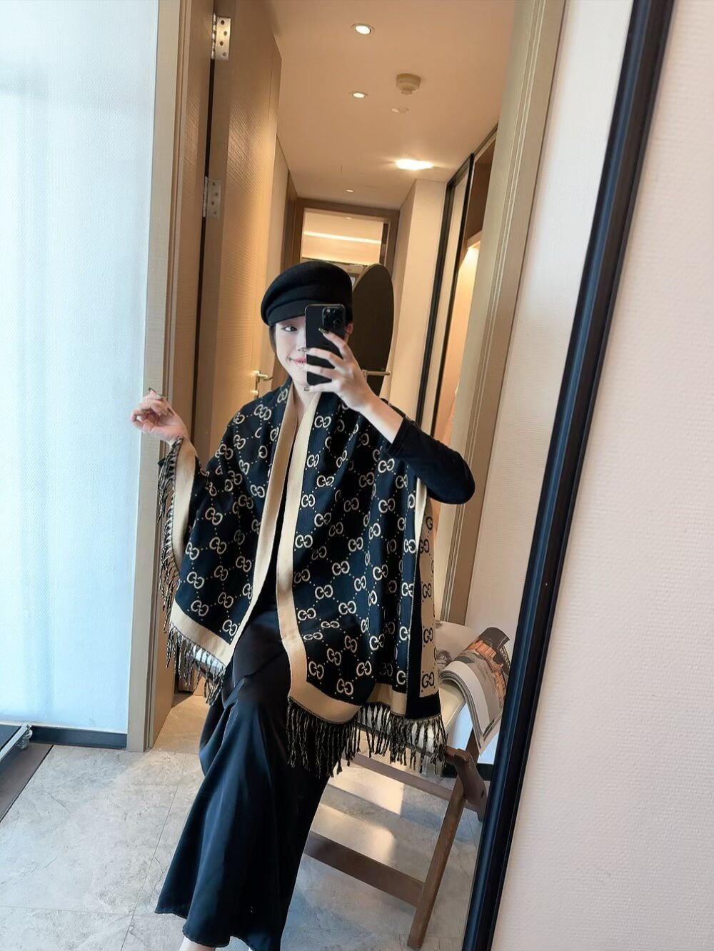 Gucci Black & Beige Fringed Shawl