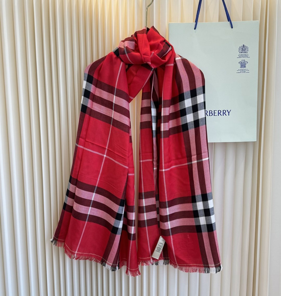 Burberry Red Plaid Fringe Scarf