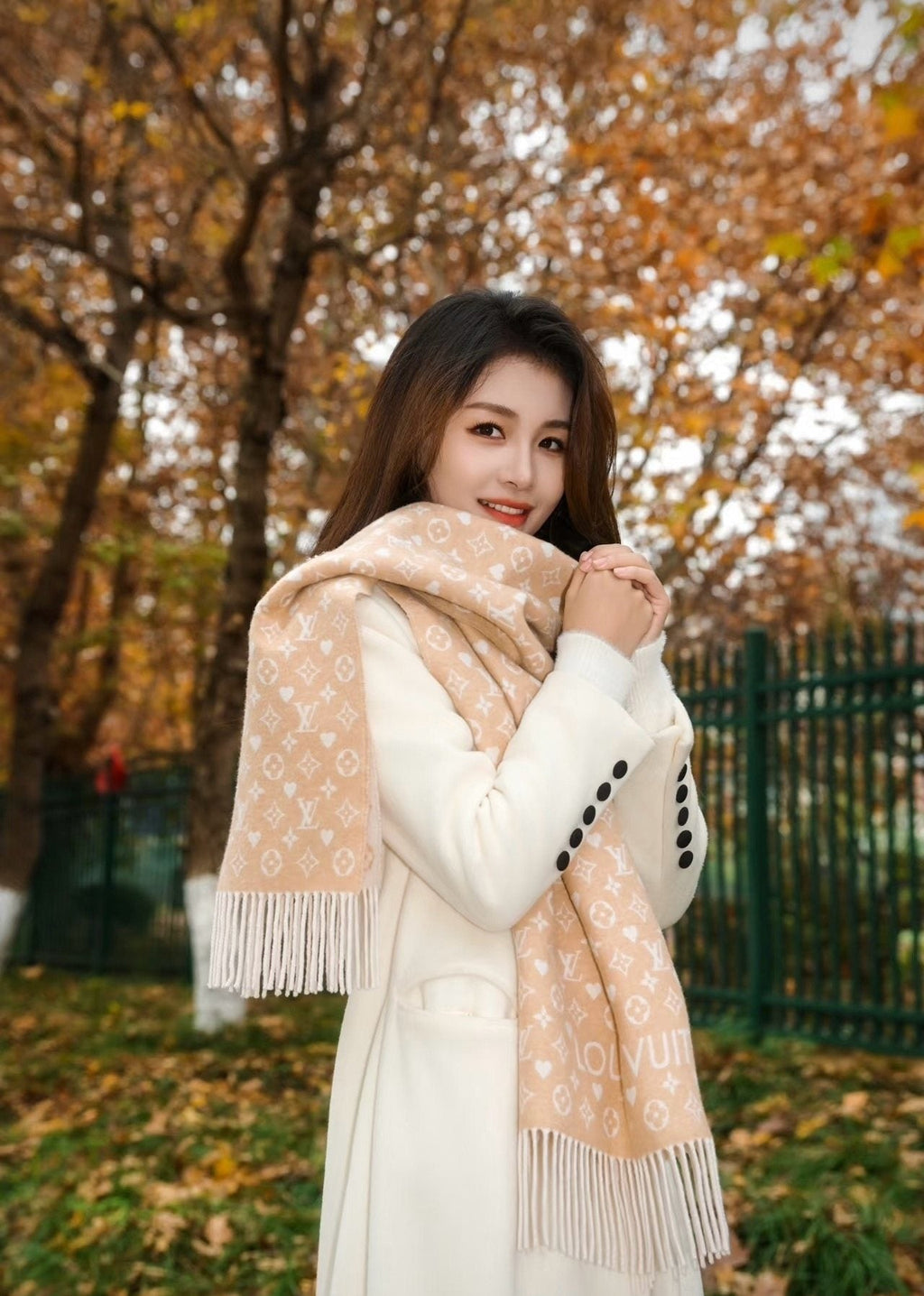 Louis Vuitton Beige & Ivory Monogram Fringed Scarf