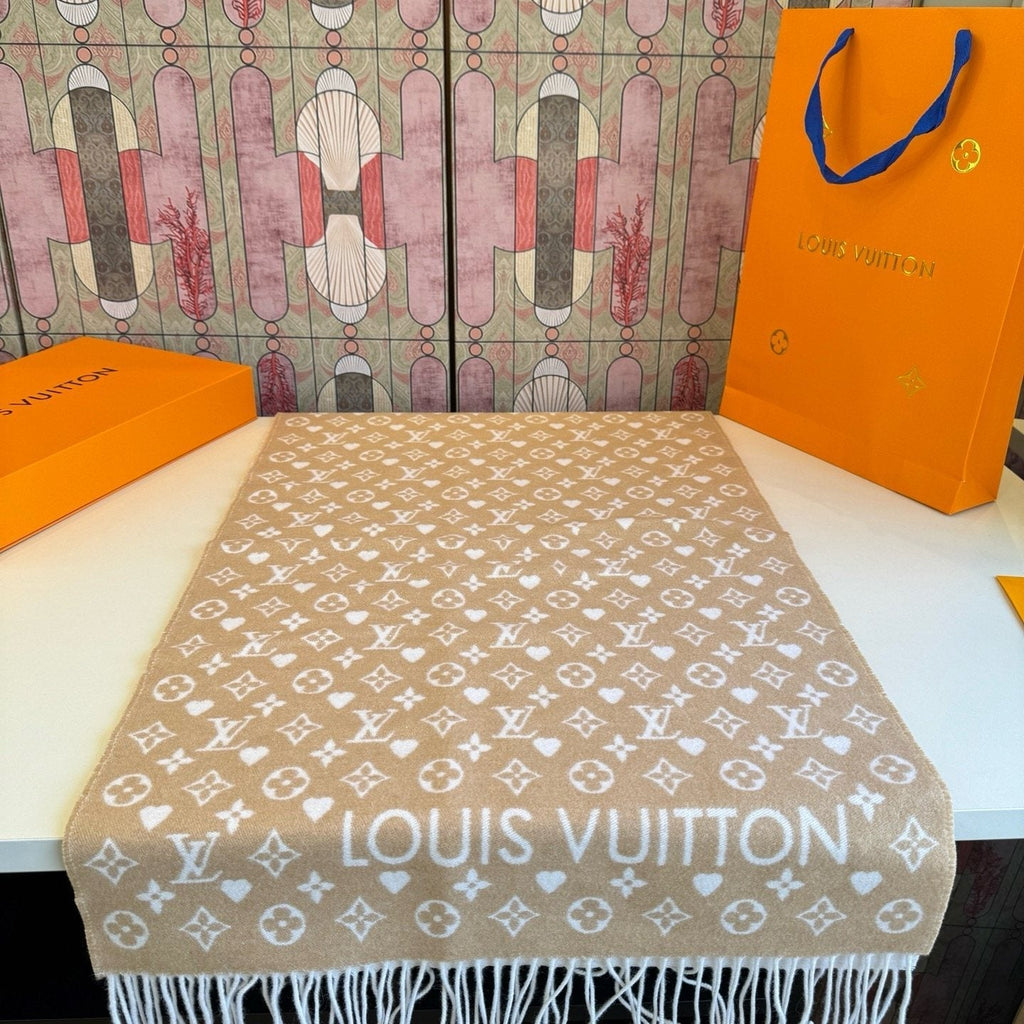 Louis Vuitton Beige & Ivory Monogram Fringed Scarf