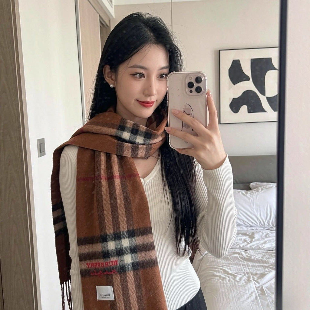 Burberry Brown Plaid Scarf with Embroidered Logo