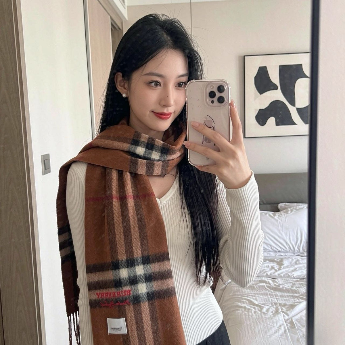 Burberry Brown Plaid Scarf with Embroidered Logo
