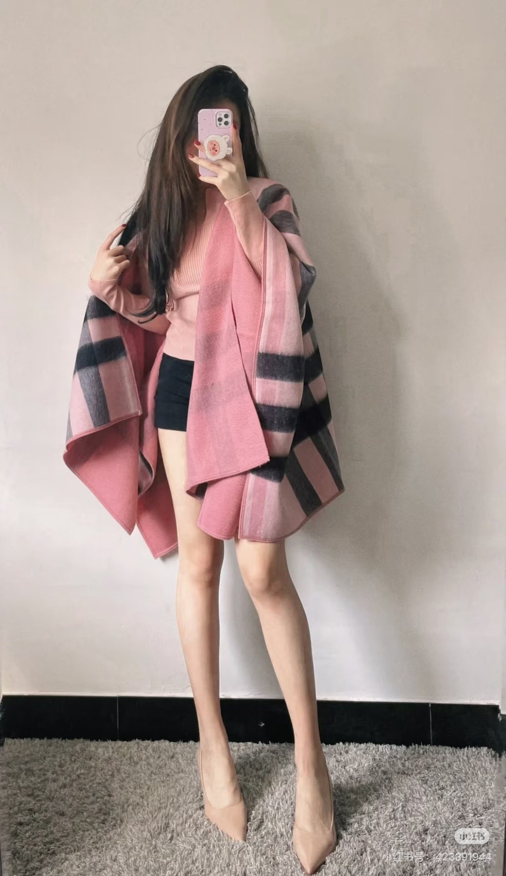 Burberry Pink & Charcoal Plaid Wrap Scarf