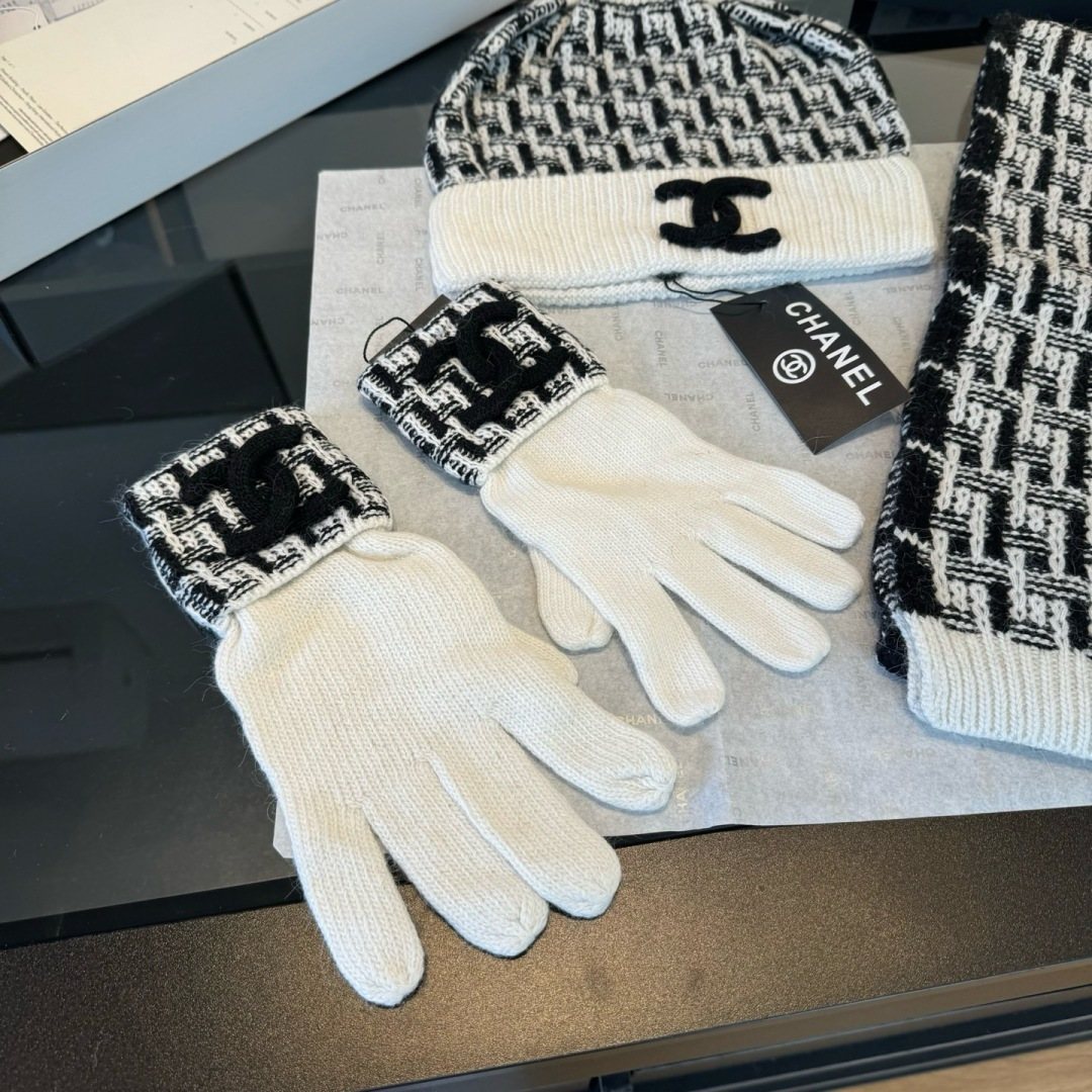 Chanel Black and Ivory Scarf, Beanie and Gloves Set