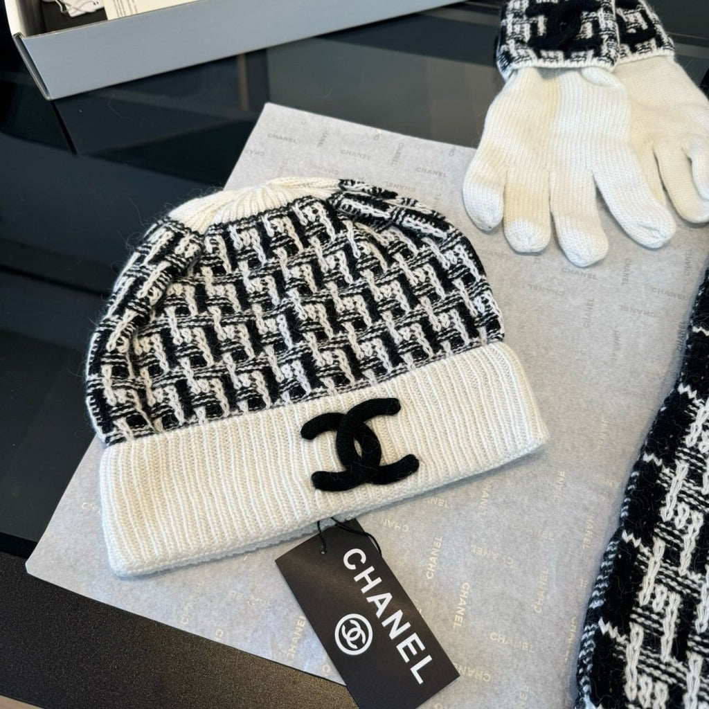Chanel Black and Ivory Scarf, Beanie and Gloves Set