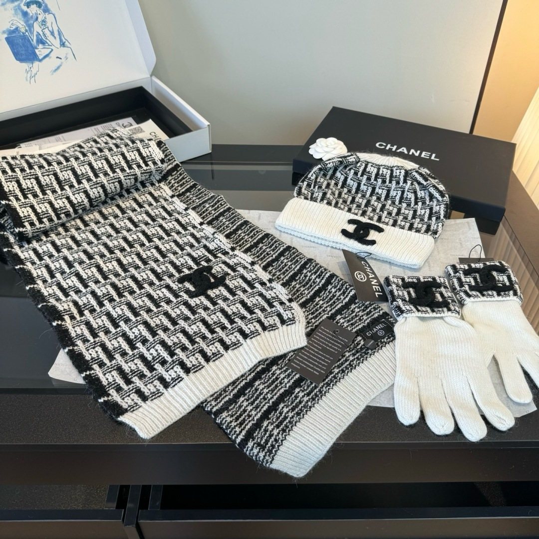 Chanel Black and Ivory Scarf, Beanie and Gloves Set