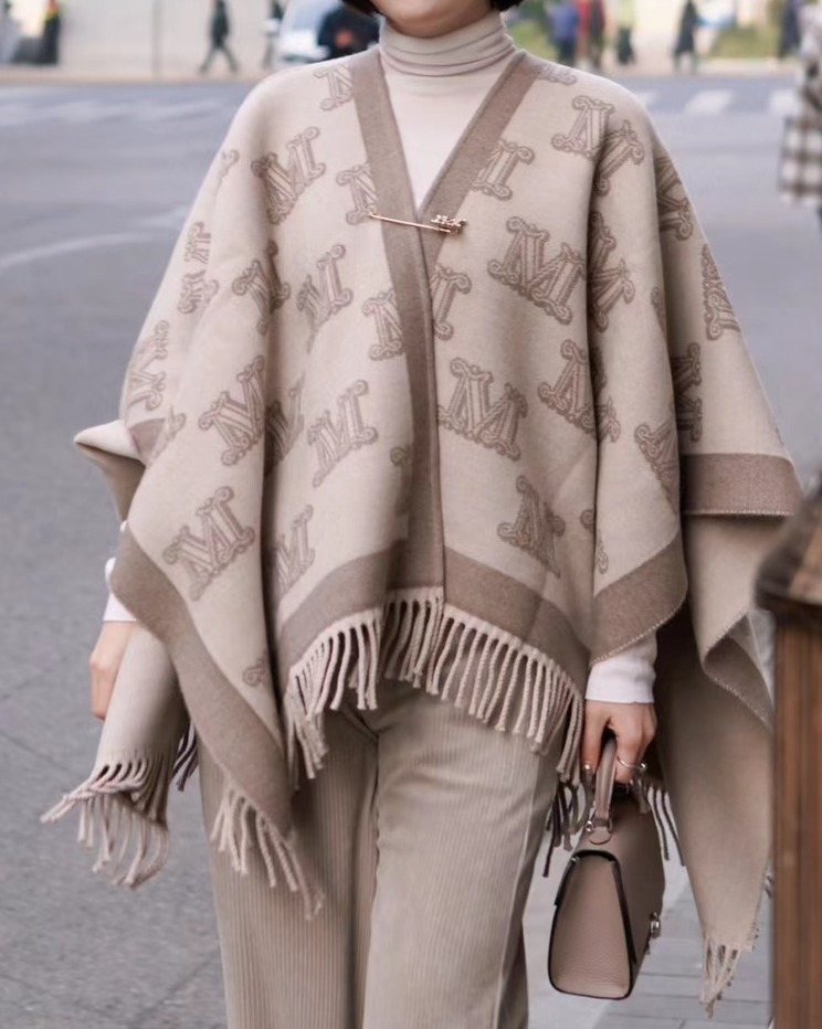 Max Mara Beige & Taupe Fringed Cape Poncho