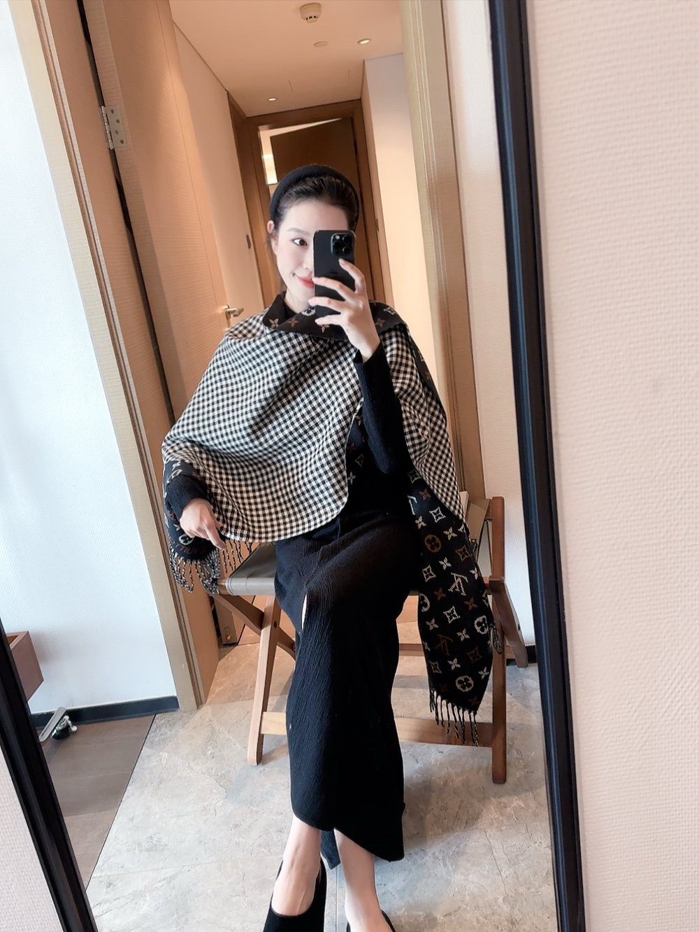 Louis Vuitton Reversible Monogram and Check Fringe Scarf