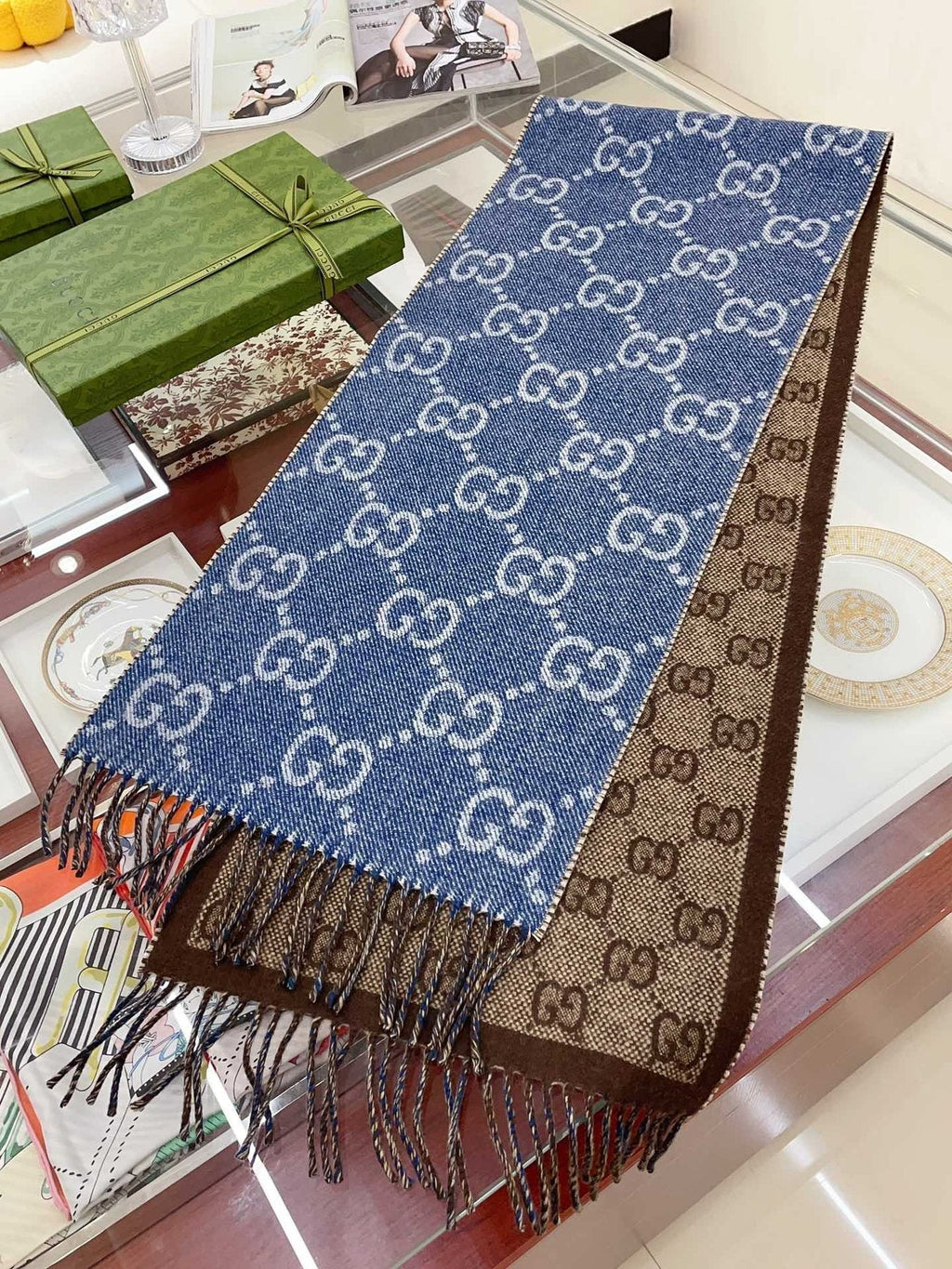 Gucci Blue & Brown Reversible Fringed Scarf