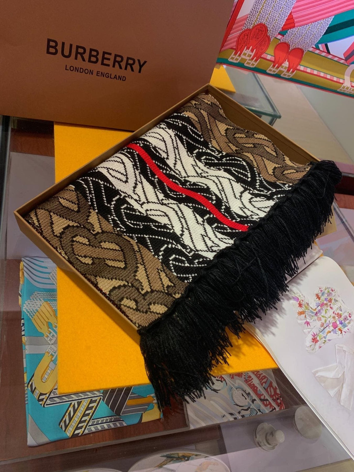 Burberry TB Monogram Fringed Scarf