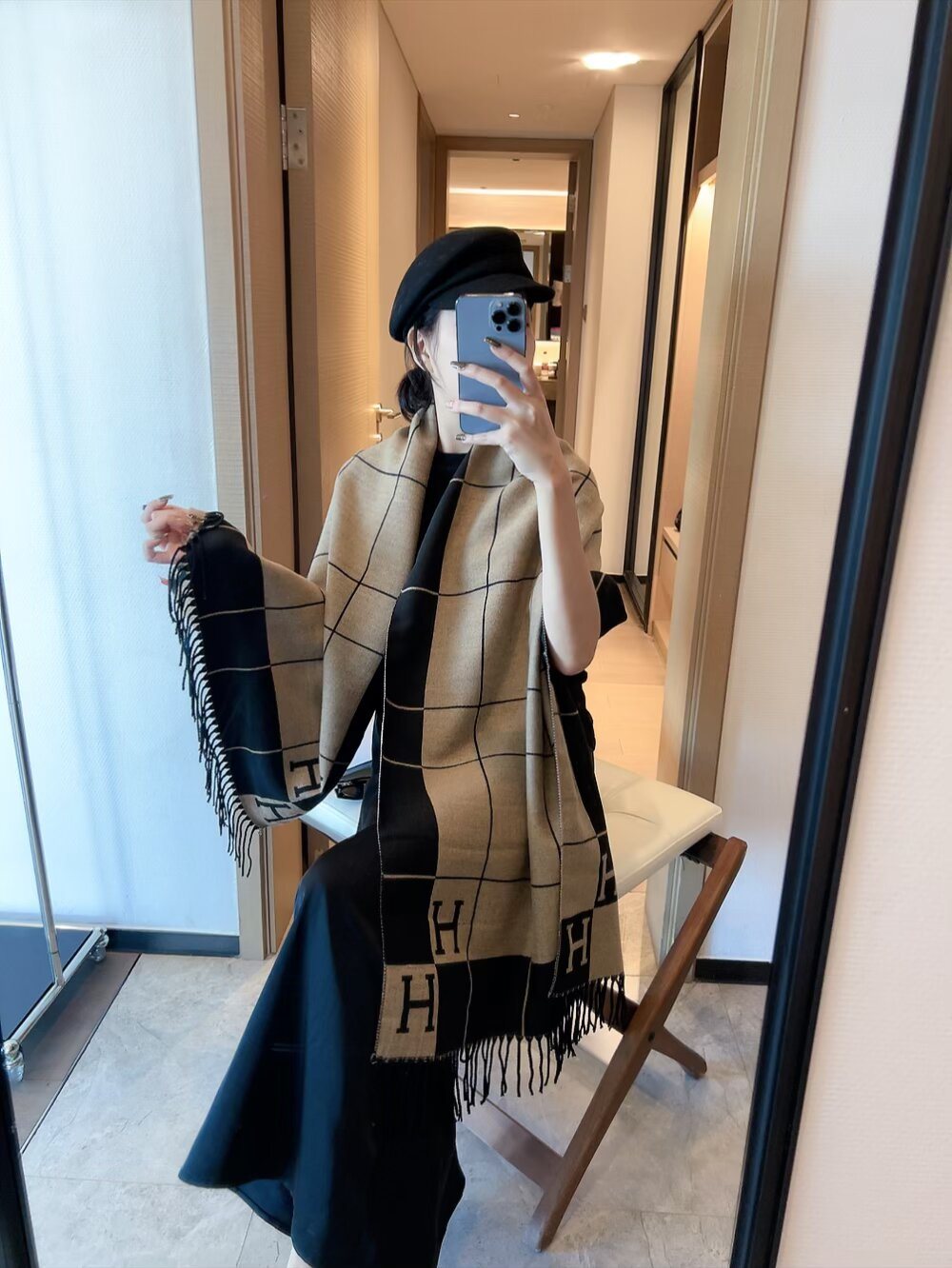 Hermès Light Beige and Black Grid Fringed Scarf