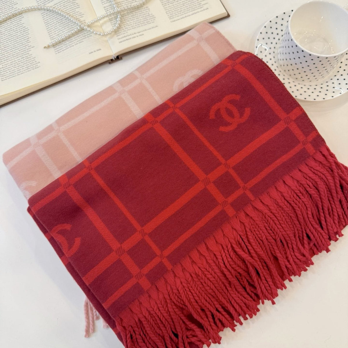Chanel Burgundy Red Logo Check Scarf