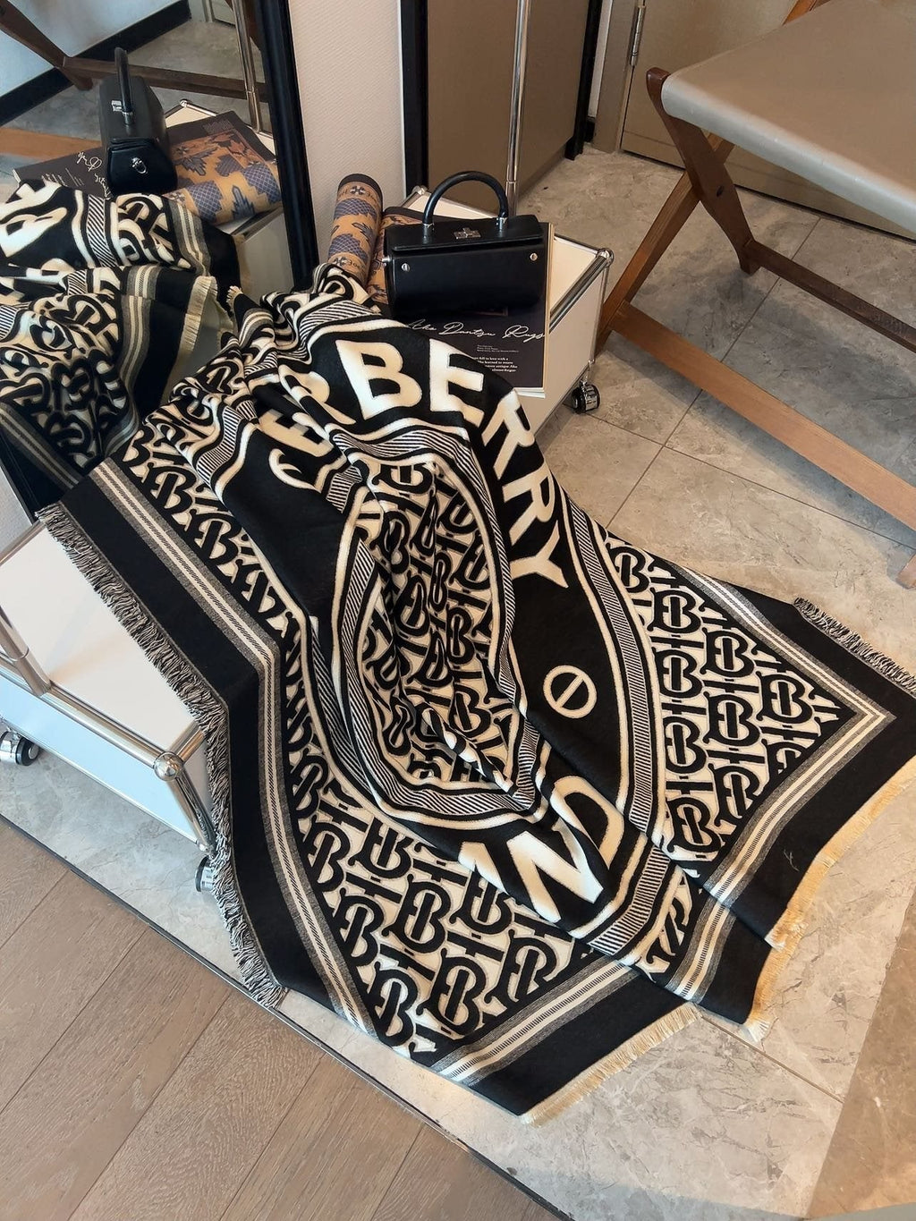 Burberry Black & Ivory Logo Square Scarf