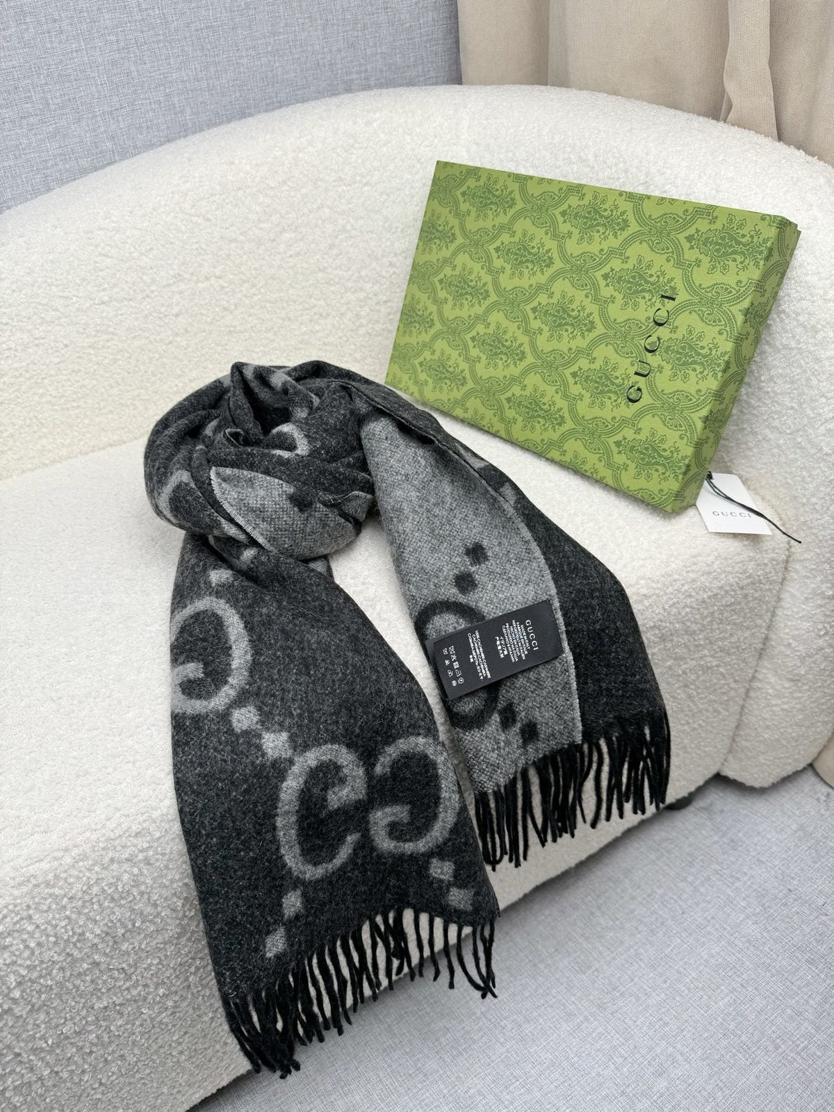 Charcoal Gray and Black Fringed Scarf