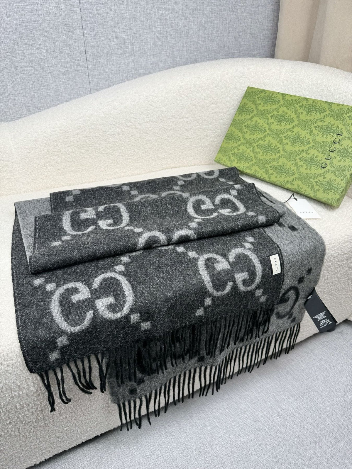 Charcoal Gray and Black Fringed Scarf