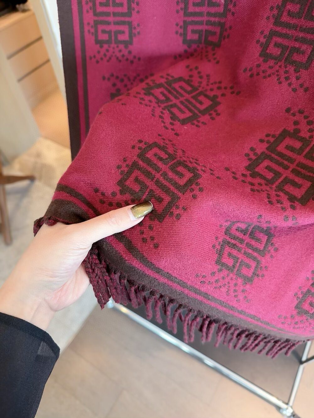 Givenchy Burgundy Geometric Fringe Scarf