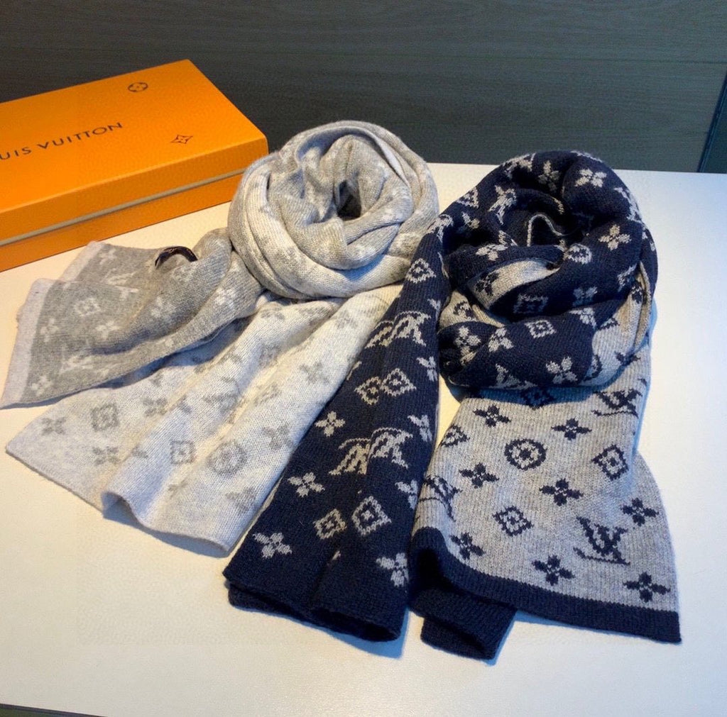 Louis Vuitton Navy and Gray Reversible Cashmere Scarf