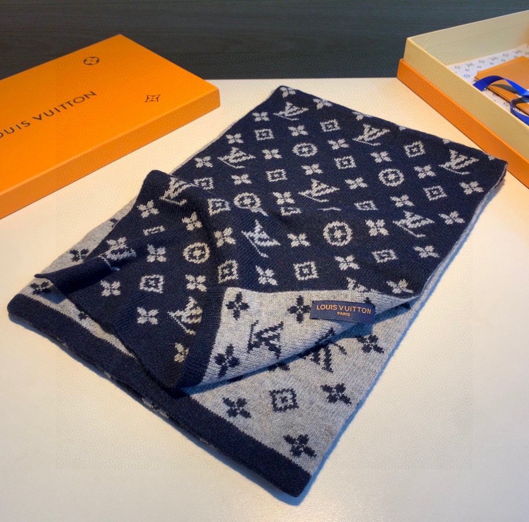 Louis Vuitton Navy and Gray Reversible Cashmere Scarf