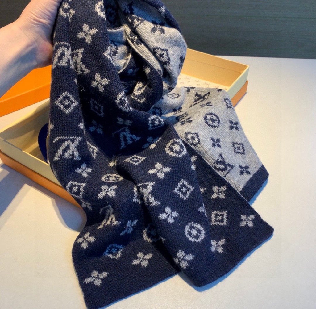 Louis Vuitton Navy and Gray Reversible Cashmere Scarf